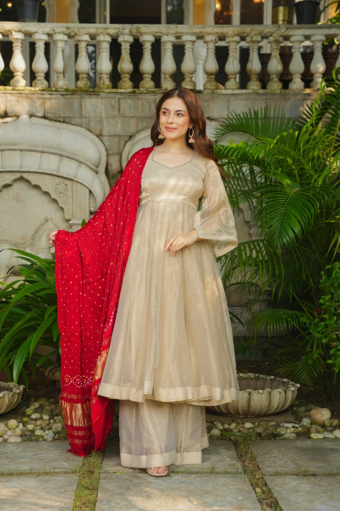 Rubani rang handwork Anarkali with pure grace bandhej duptta