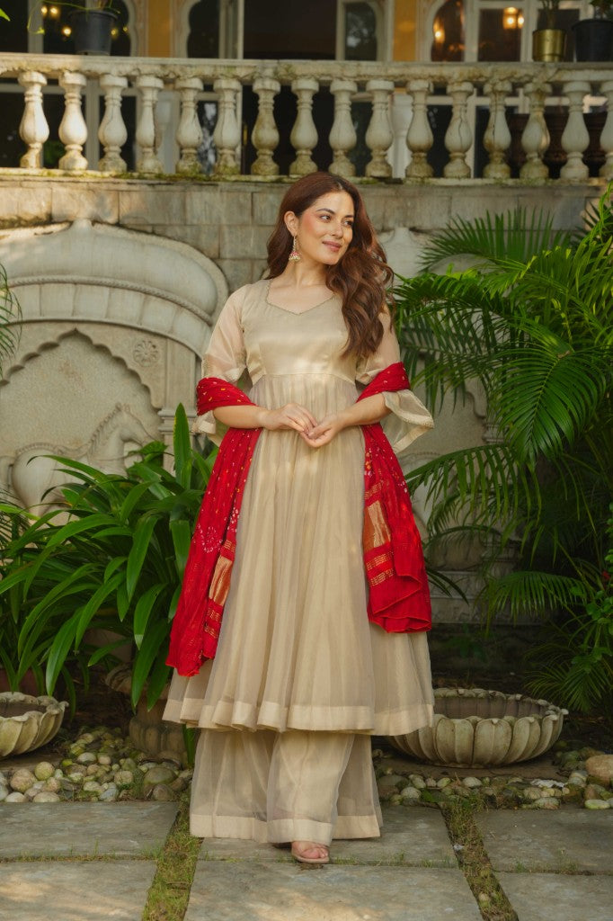 Rubani rang handwork Anarkali with pure grace bandhej duptta