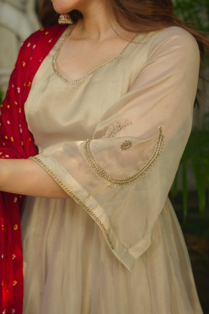 Rubani rang handwork Anarkali with pure grace bandhej duptta