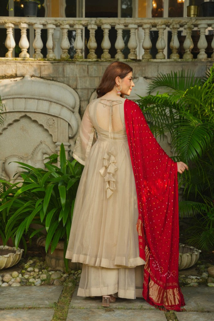 Rubani rang handwork Anarkali with pure grace bandhej duptta