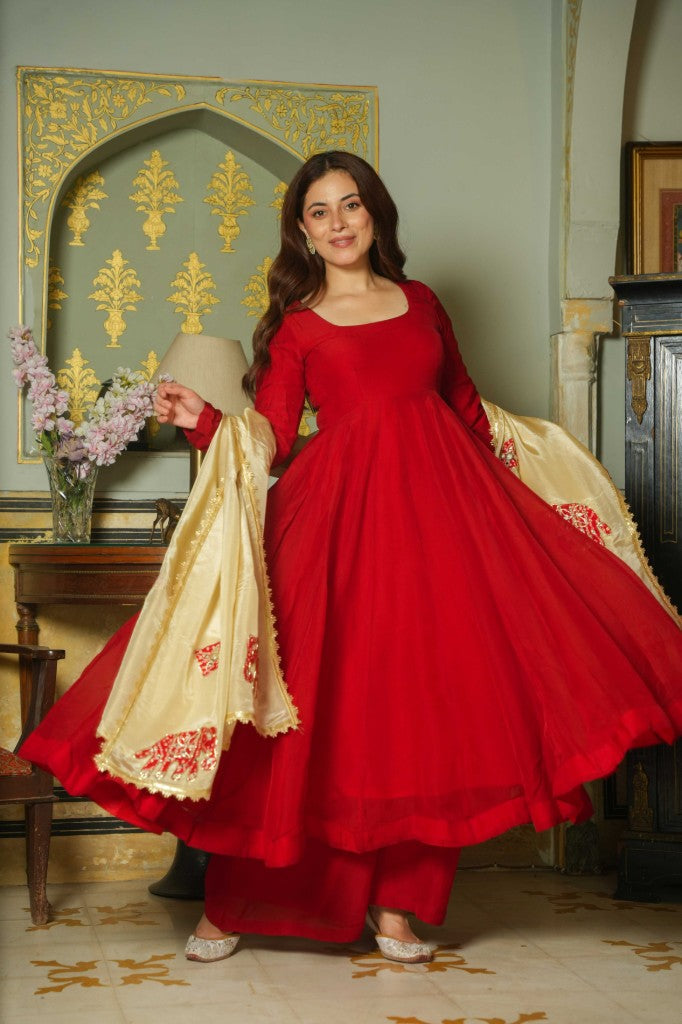 Valora pure red anarkali suit set with golden elephant work duptta