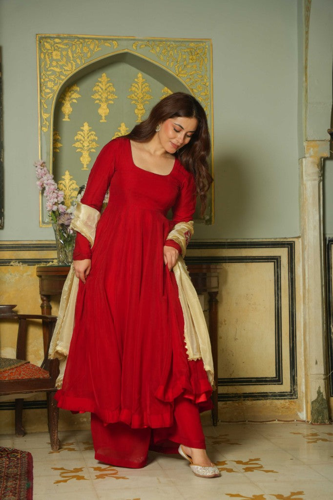 Valora pure red anarkali suit set with golden elephant work duptta