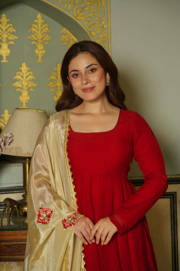 Valora pure red anarkali suit set with golden elephant work duptta