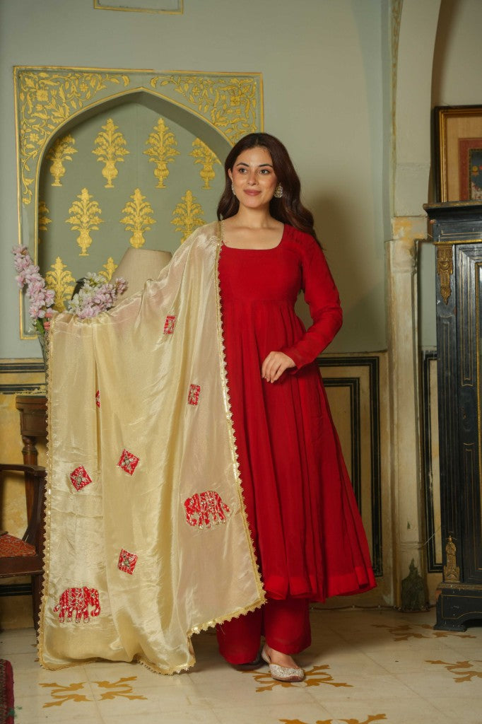 Valora pure red anarkali suit set with golden elephant work duptta