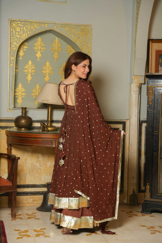Brown send anarkali suit set