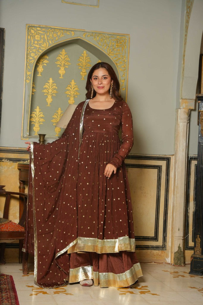 Brown send anarkali suit set
