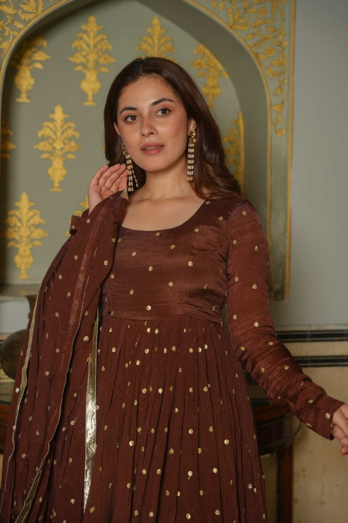 Brown send anarkali suit set